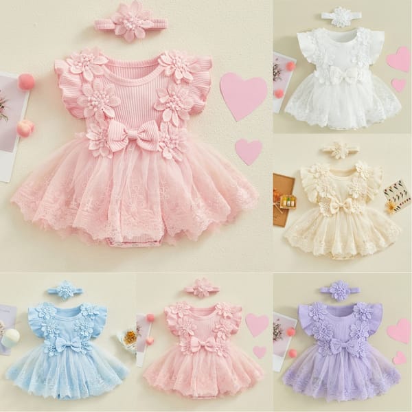 Baby Girl Flower Lace Tulle & 3D Floral Design Romper Dress with Headband (0 to 18 Months)