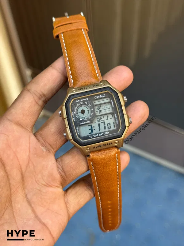 Casio Digital World Timer Leather Belt (Brown)