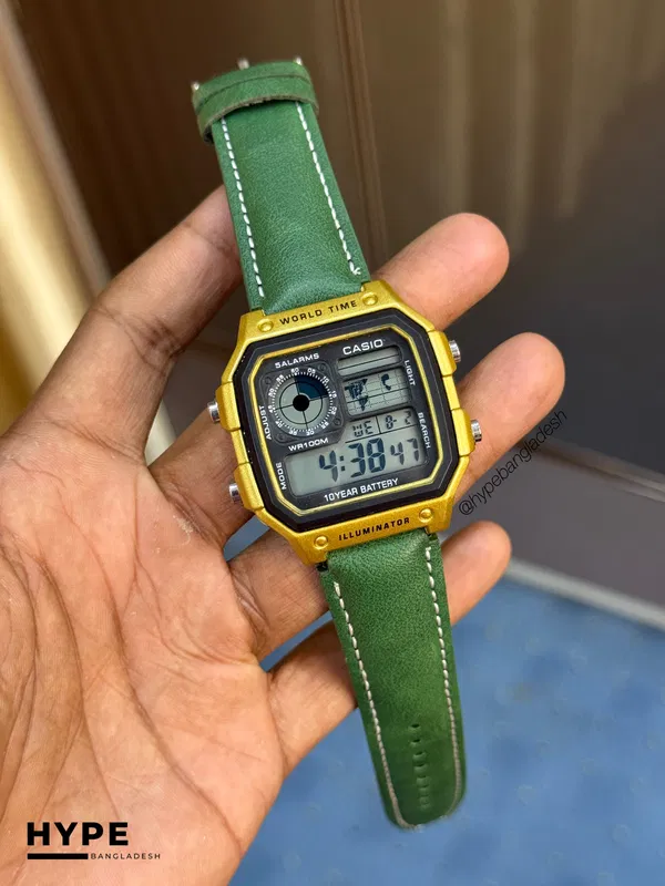 Casio Digital World Timer Leather Belt (Green)