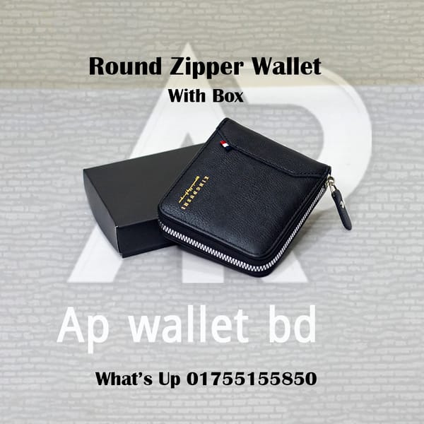 Round Zipper Soft Black Wallet With Box
