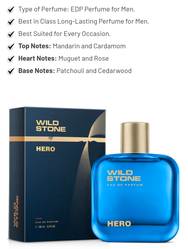 Wild Stone Hero Perfume for Men  Eau De Parfum 100ml Luxury Long-Lasting Fragrance Premium Perfume Aromatic & Marine Notes