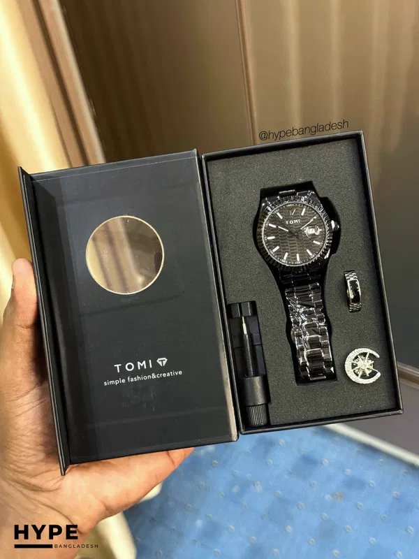 TOMI T-304 Men's Luxury Stainless Steel Watch Gift Box Set (Black)