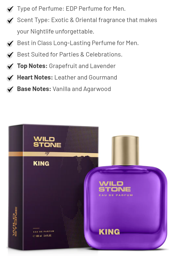 Wild Stone King Perfume for Men Eau De Parfum 100ml Luxury Long-Lasting Fragrance Premium Perfume for men Infused with Woody & Oriental Notes