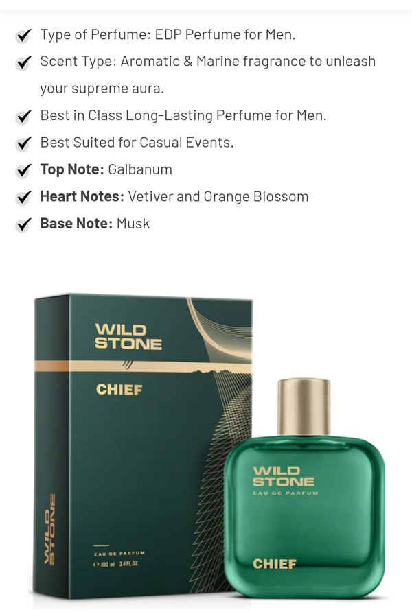 Wild Stone Chief Perfume for Men Eau De Parfum 100ml Luxury Long-Lasting Fragrance Premium Perfume Infused with Aquatic and Woody Notes