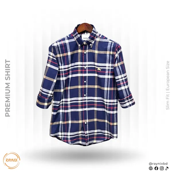 Burberry Men’s Premium Navy Blue Plaid Slim-Fit Casual Shirt