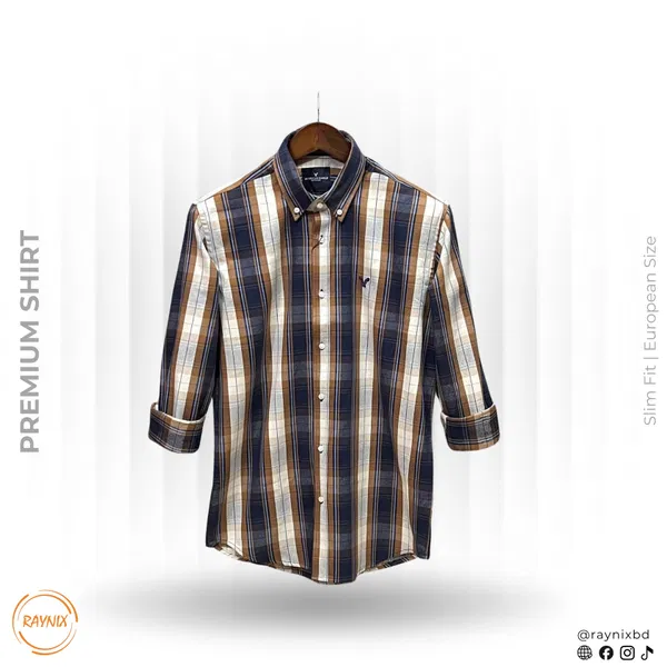 American Eagle Men’s Premium Navy & Tan Plaid Slim-Fit Casual Shirt