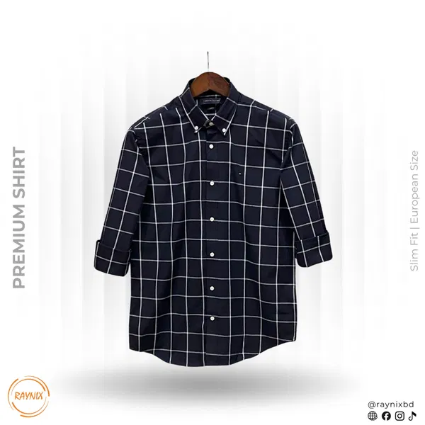 Tommy Hilfiger Men’s Premium Navy Windowpane Slim-Fit Casual Shirt