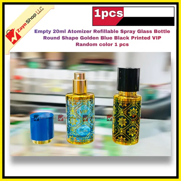 Empty 20ml Perfume Atomizer Refillable Spray Glass Bottle Round Shape Golden Blue Black Printed VIP Random color 1 pcs