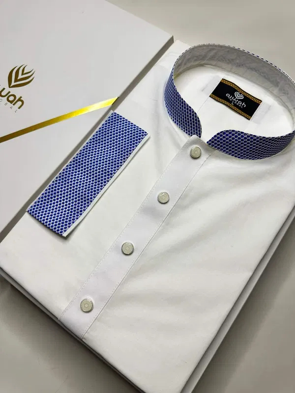 Majestic White with Blue Detailing Panjabi