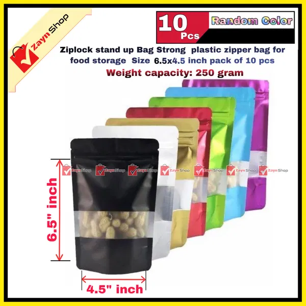 Ziplock stand up Bag Strong plastic zipper bag for food storage Size 6.5x4.5 inch pack of 10 pcs