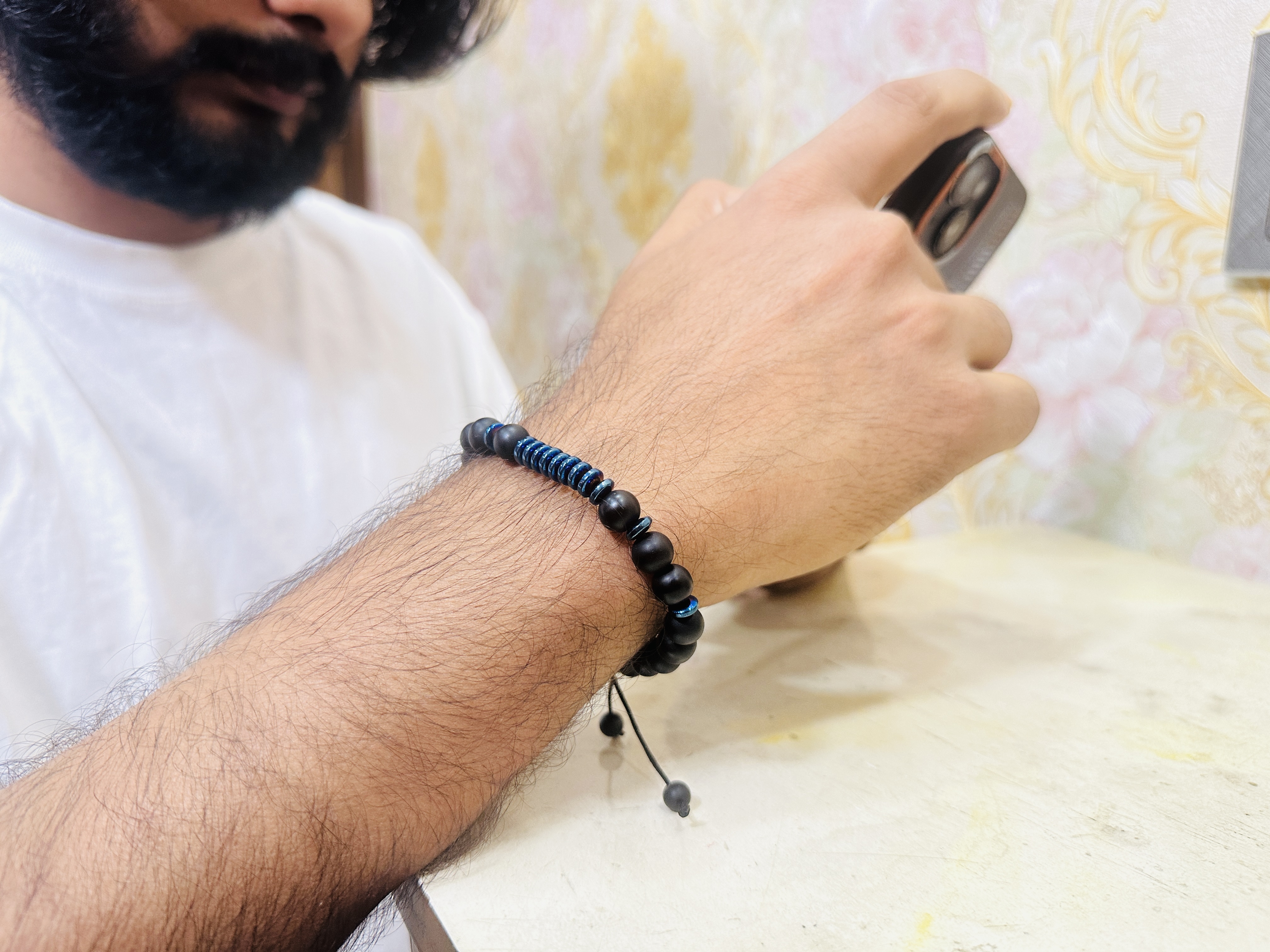 Matte Black Onyx and Blue Hematite Bead Bracelet_img_2