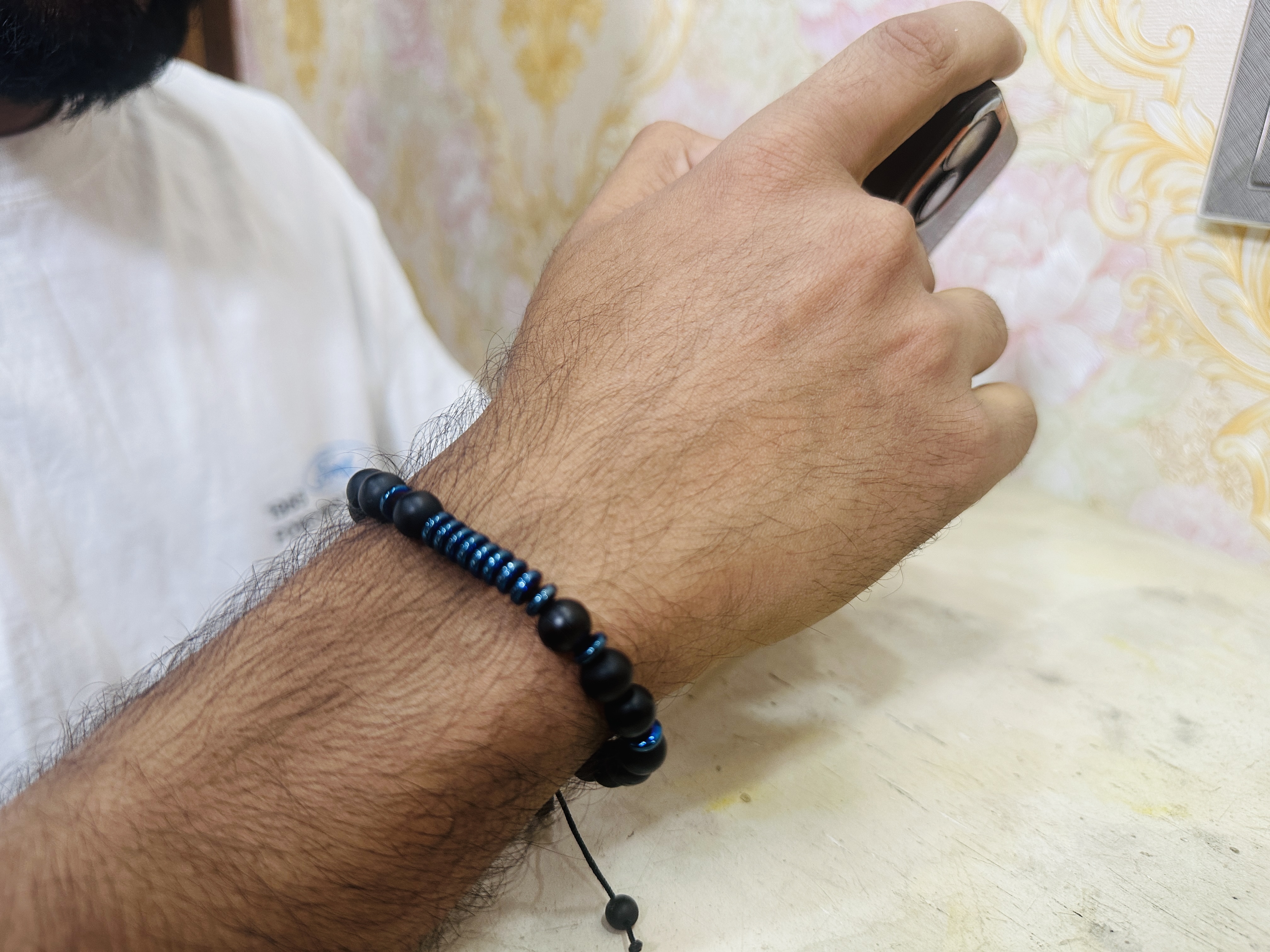 Matte Black Onyx and Blue Hematite Bead Bracelet