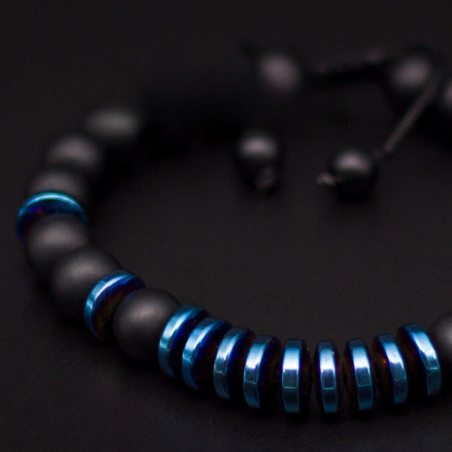 Matte Black Onyx and Blue Hematite Bead Bracelet_img_4