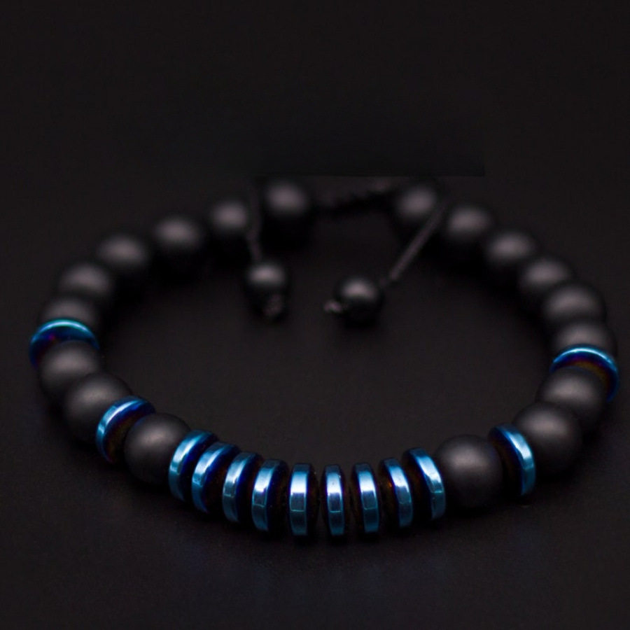 Matte Black Onyx and Blue Hematite Bead Bracelet_img_5