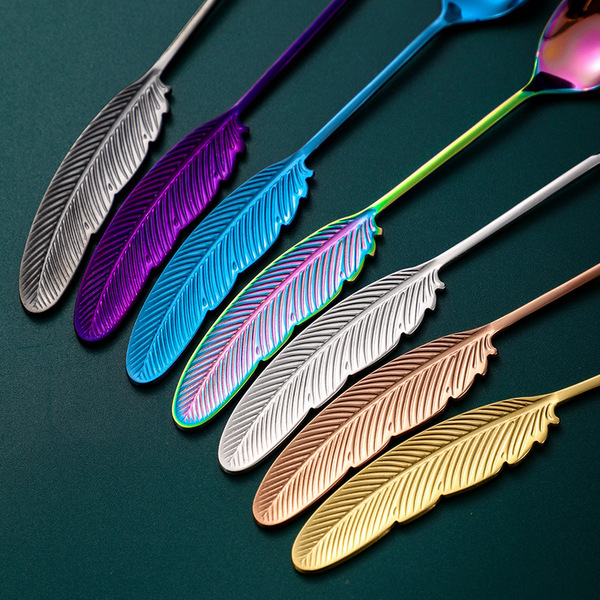 12 Pcs creative gold plated color 304 stainless steel feather spoon Fork cake spoon dessert spoon fruit fork coffee spoon mixing spoon_img_1