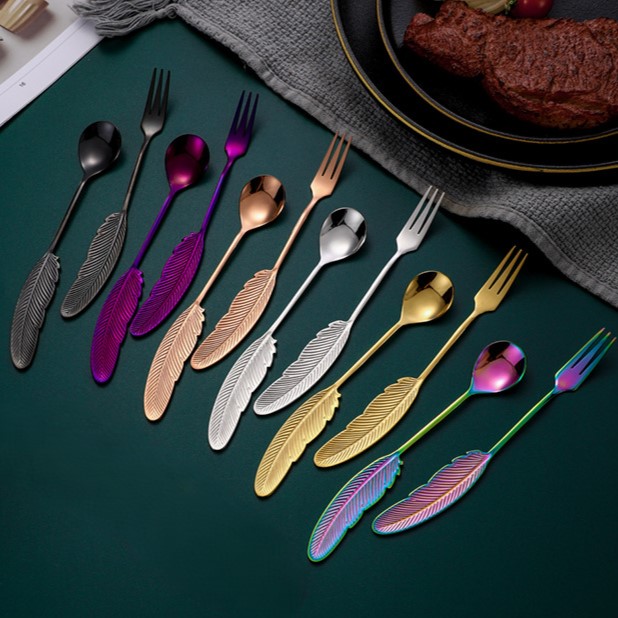 12 Pcs creative gold plated color 304 stainless steel feather spoon Fork cake spoon dessert spoon fruit fork coffee spoon mixing spoon