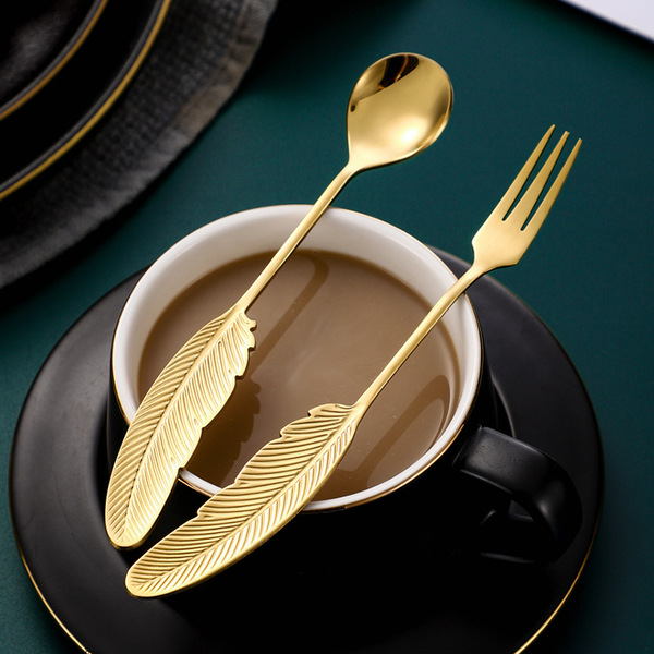 12 Pcs creative gold plated color 304 stainless steel feather spoon Fork cake spoon dessert spoon fruit fork coffee spoon mixing spoon_img_2