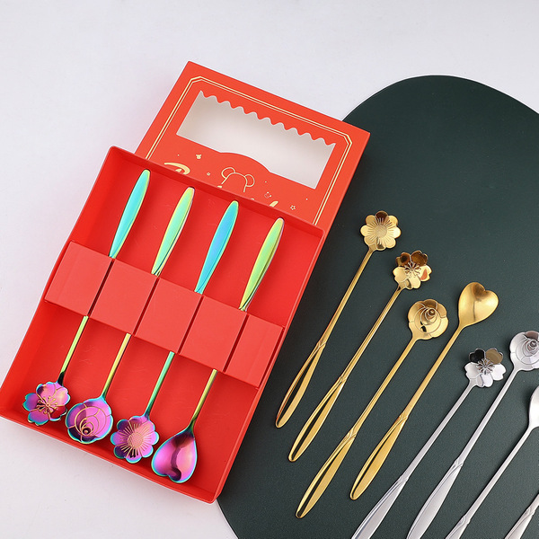 16 Pcs long handle gold-plated flower spoon/mixing spoon/cherry blossom/heart-shaped spoon rose spoon_img_1