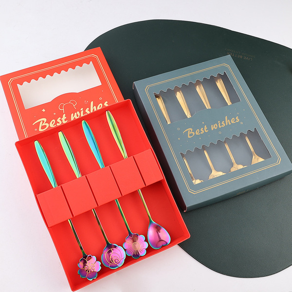 16 Pcs long handle gold-plated flower spoon/mixing spoon/cherry blossom/heart-shaped spoon rose spoon_img_2