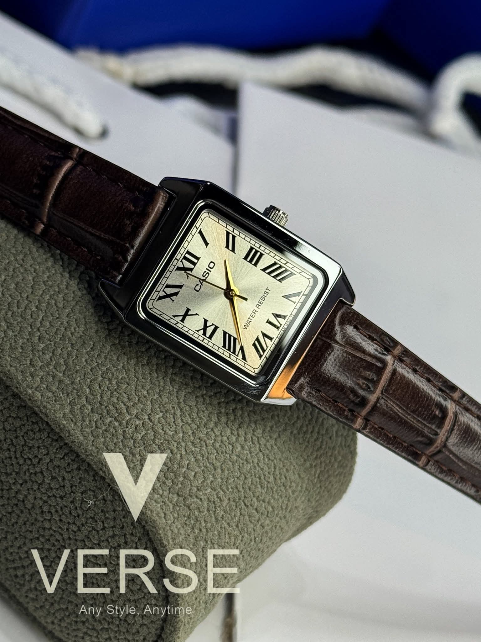 Casio LTP-V007L-9BUDF Champagne Dial Women's Leather Strap Tank Watch | Casio LTP-V007L-9BUDF