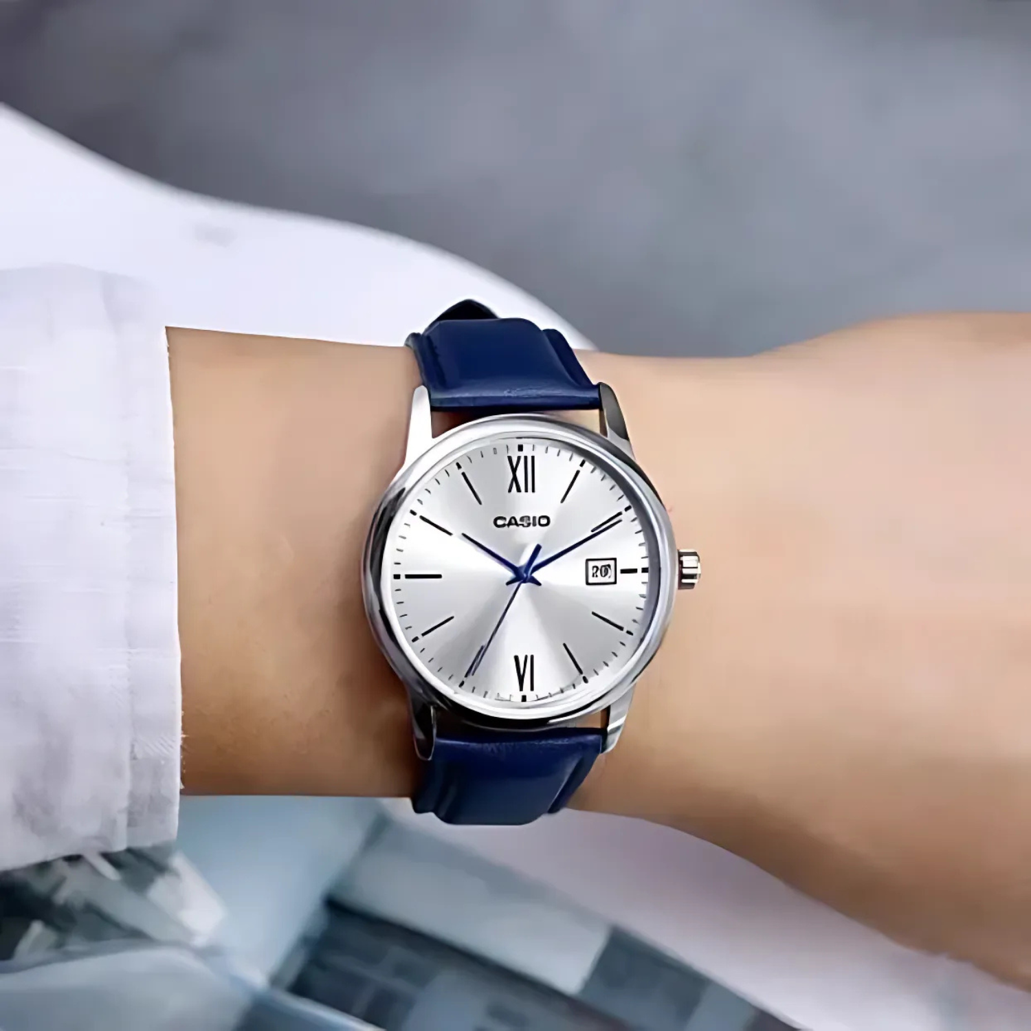 Casio MTP-V002L-2B3UDF Silver Dial Men's Navy Leather Watch | Casio MTP-V002L-2B3UDF