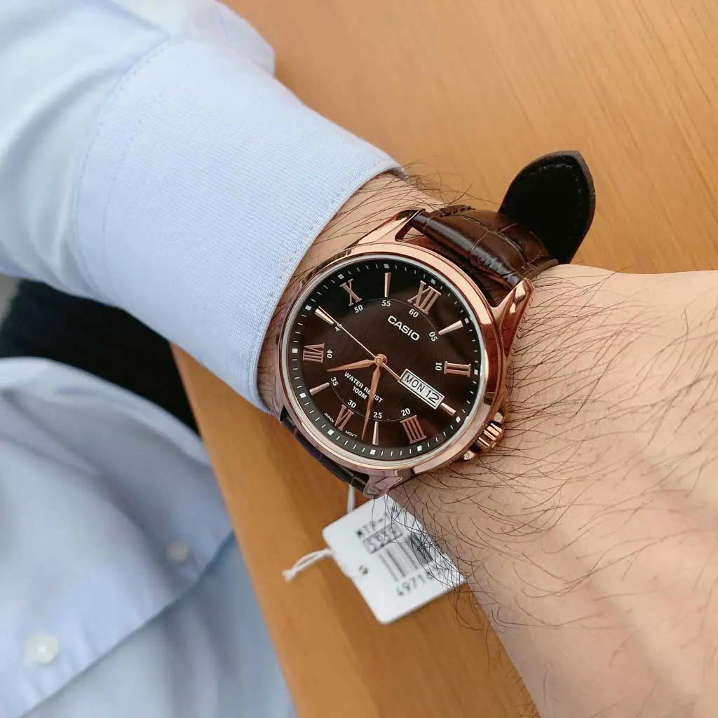 Casio MTP-1384L-1AVDF Black Dial Rose Gold Tone Men's Brown Leather Watch | Casio MTP-1384L-1AVDF