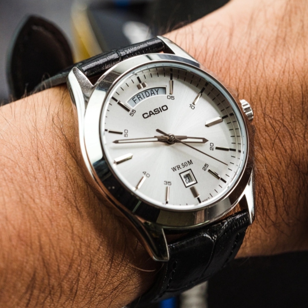 Casio MTP-1370L-7AVDF Silver Dial Day-Date Men's Black Leather Watch | Casio MTP-1370L-7AVDF_img_1