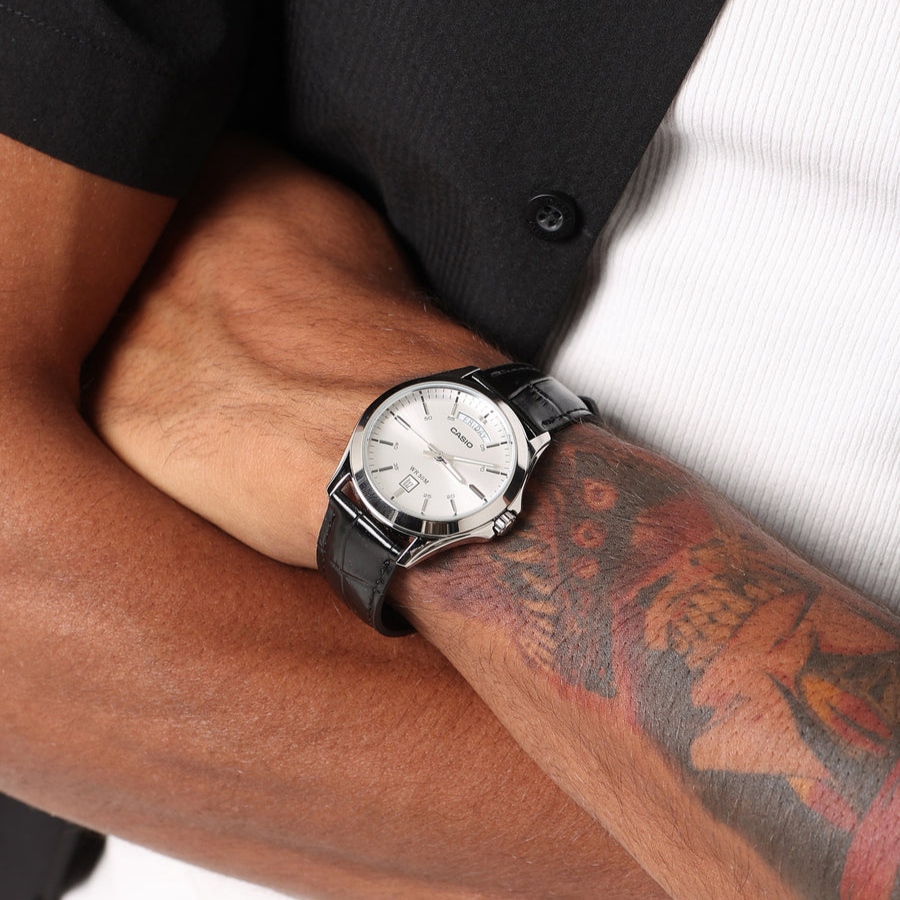 Casio MTP-1370L-7AVDF Silver Dial Day-Date Men's Black Leather Watch | Casio MTP-1370L-7AVDF