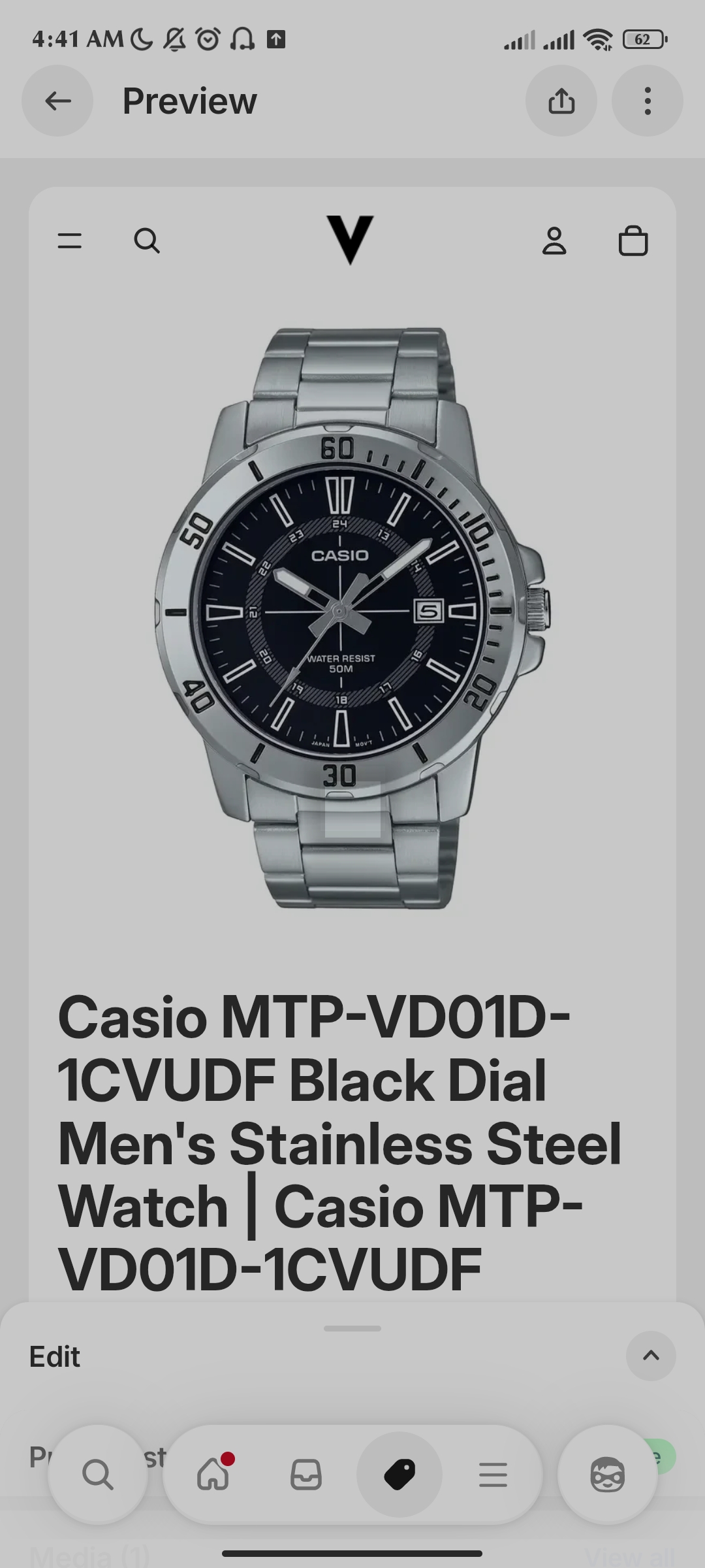 Casio MTP-VD01D-1CVUDF Black Dial Men's Stainless Steel Watch | Casio MTP-VD01D-1CVUDF