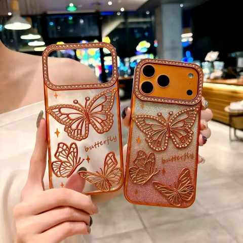 🦋💫 Orange Soft 3D Butterfly Stone Transparent Case 🧡✨ Bling + Butterfly perfection!_img_2