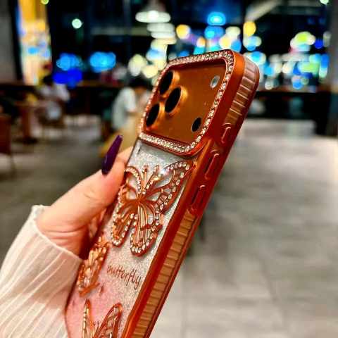🦋💫 Orange Soft 3D Butterfly Stone Transparent Case 🧡✨ Bling + Butterfly perfection!_img_5