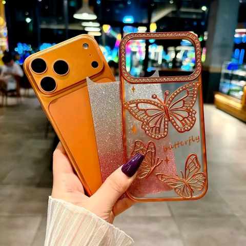 🦋💫 Orange Soft 3D Butterfly Stone Transparent Case 🧡✨ Bling + Butterfly perfection!_img_3