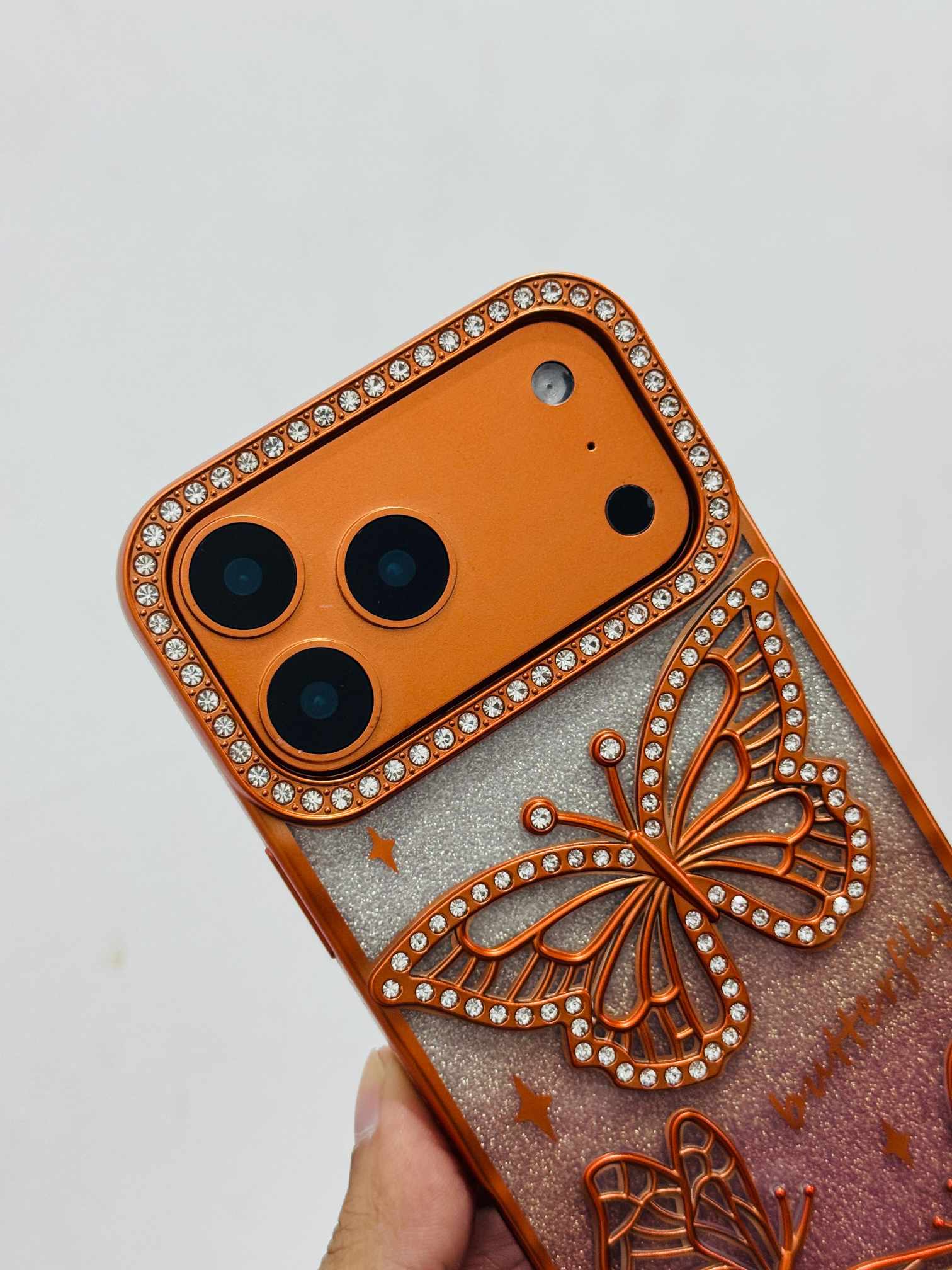 🦋💫 Orange Soft 3D Butterfly Stone Transparent Case 🧡✨ Bling + Butterfly perfection!