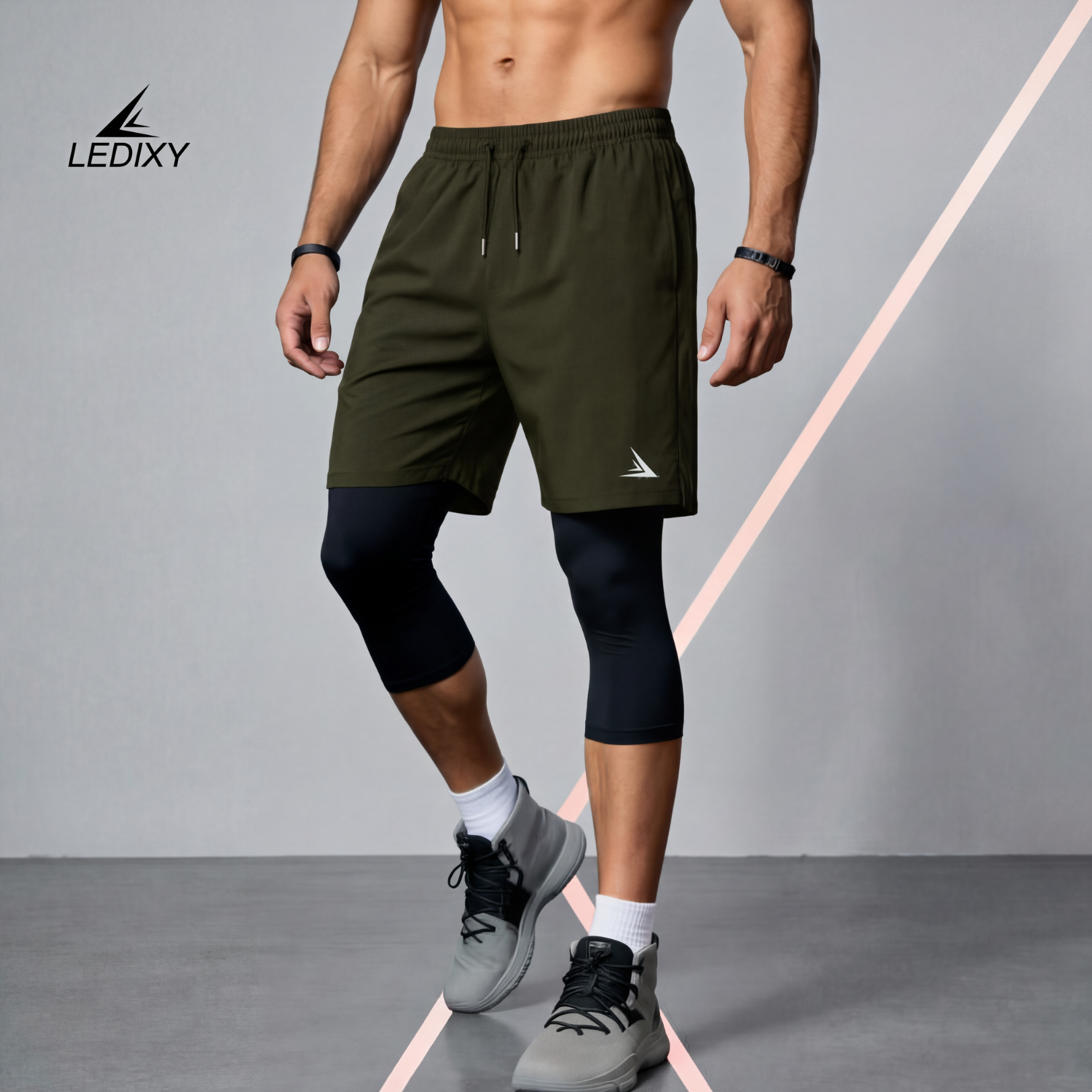 2in1 3/4 Compression Leggings + Shorts Dark Olive