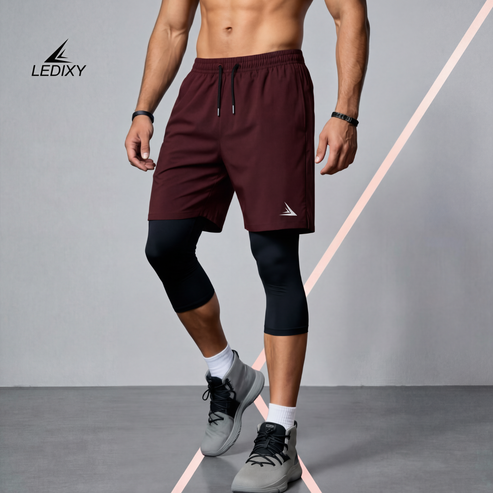 2in1 3/4 Compression Leggings + Shorts Dark Maroon