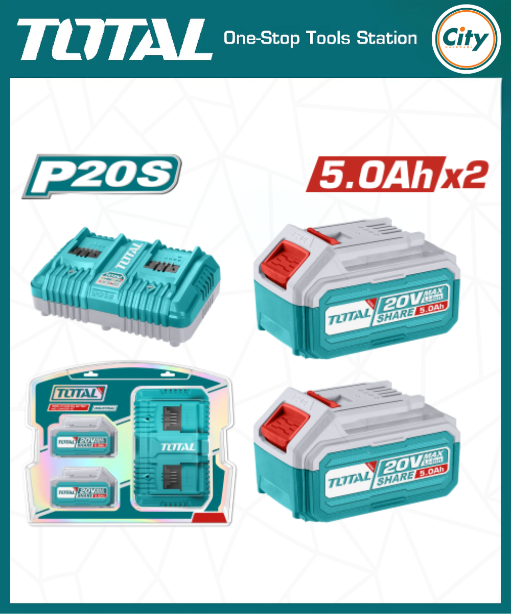 20v লিথিয়াম আয়ন 5.0Ah ব্যাটারি ২ পিস ও ডাবোল চার্জার সেট TOTAL TFBCPK2425