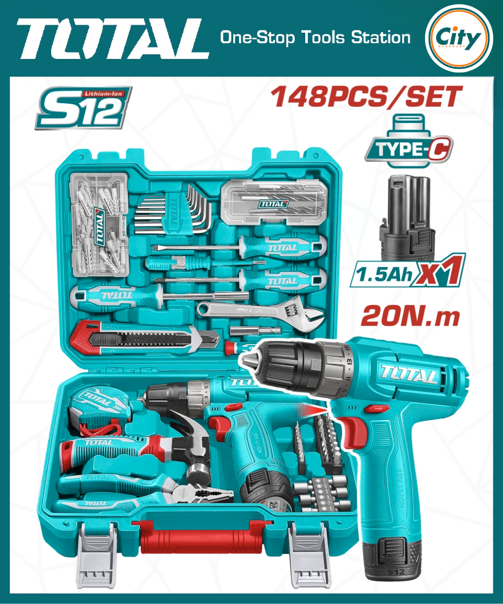 TOTAL ১৪৮ পিস কর্ডলেস ড্রিল ও টুলস সেট THKTHP41487