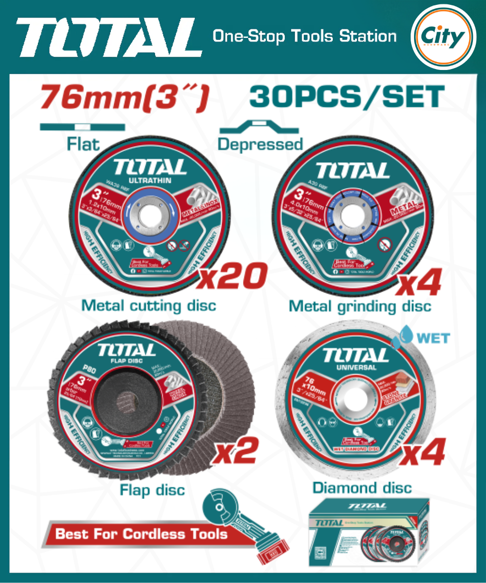 ৩ ইঞ্চি কাটিং ও গ্রাইন্ডিং ডিস্ক ৩০ পিসের সেট TOTAL TAC97630