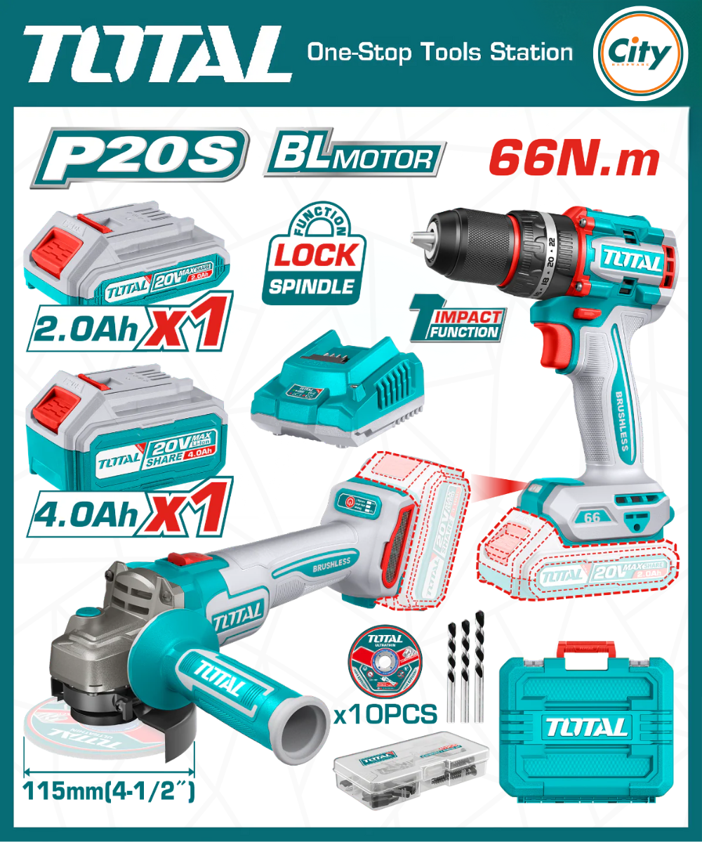 ২০ ভোল্ট কর্ডলেস ড্রিল ও গ্রাইন্ডার কম্বো কিট TOTAL TCKLI2027310