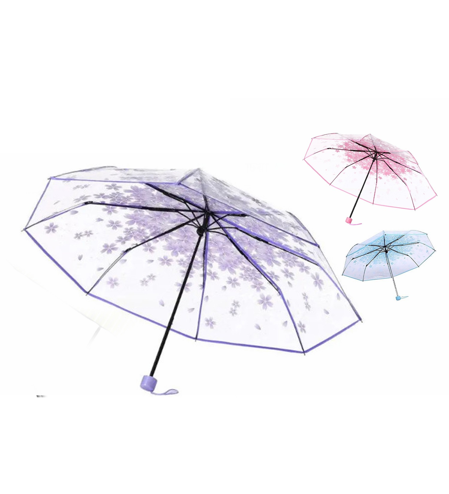 Transparent Umbrella - Cherry Blossom Korean Version Three Fold Multicolor Fully Automatic Three-fold Transparent Umbrella Clear Folding Umbrella Automatic Open and Close Travel Umbrellas for Rain