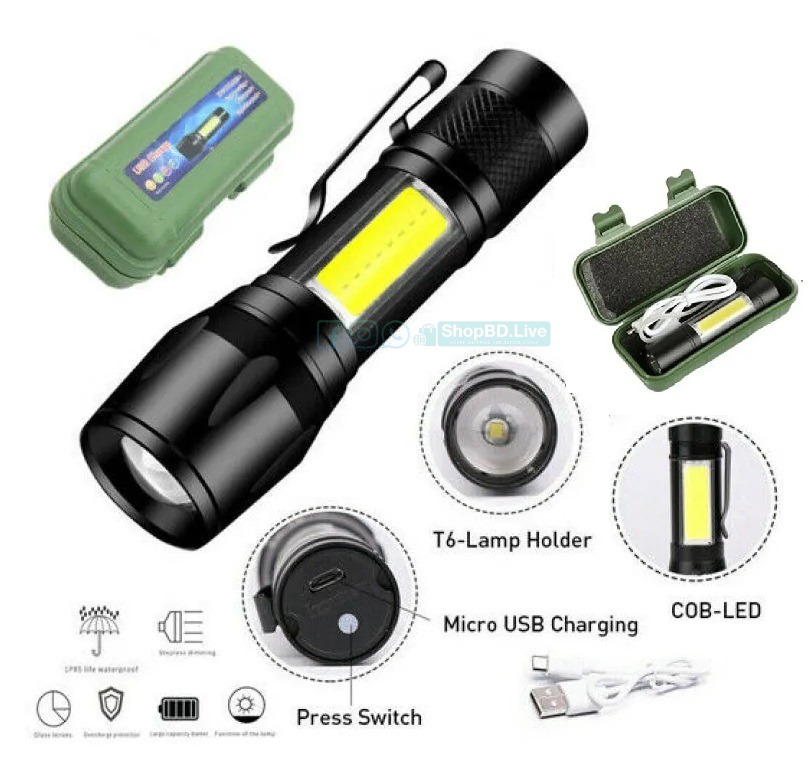 Rechargeable Mini Torch Light with COB LED & Zoom Flashlight | Price in BD
