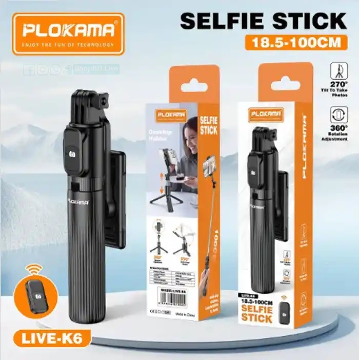 Plokama K6 Selfie Stick Tripod - 2-in-1 Selfie Stick & Tripod 360° Rotation Wireless Bluetooth Remote