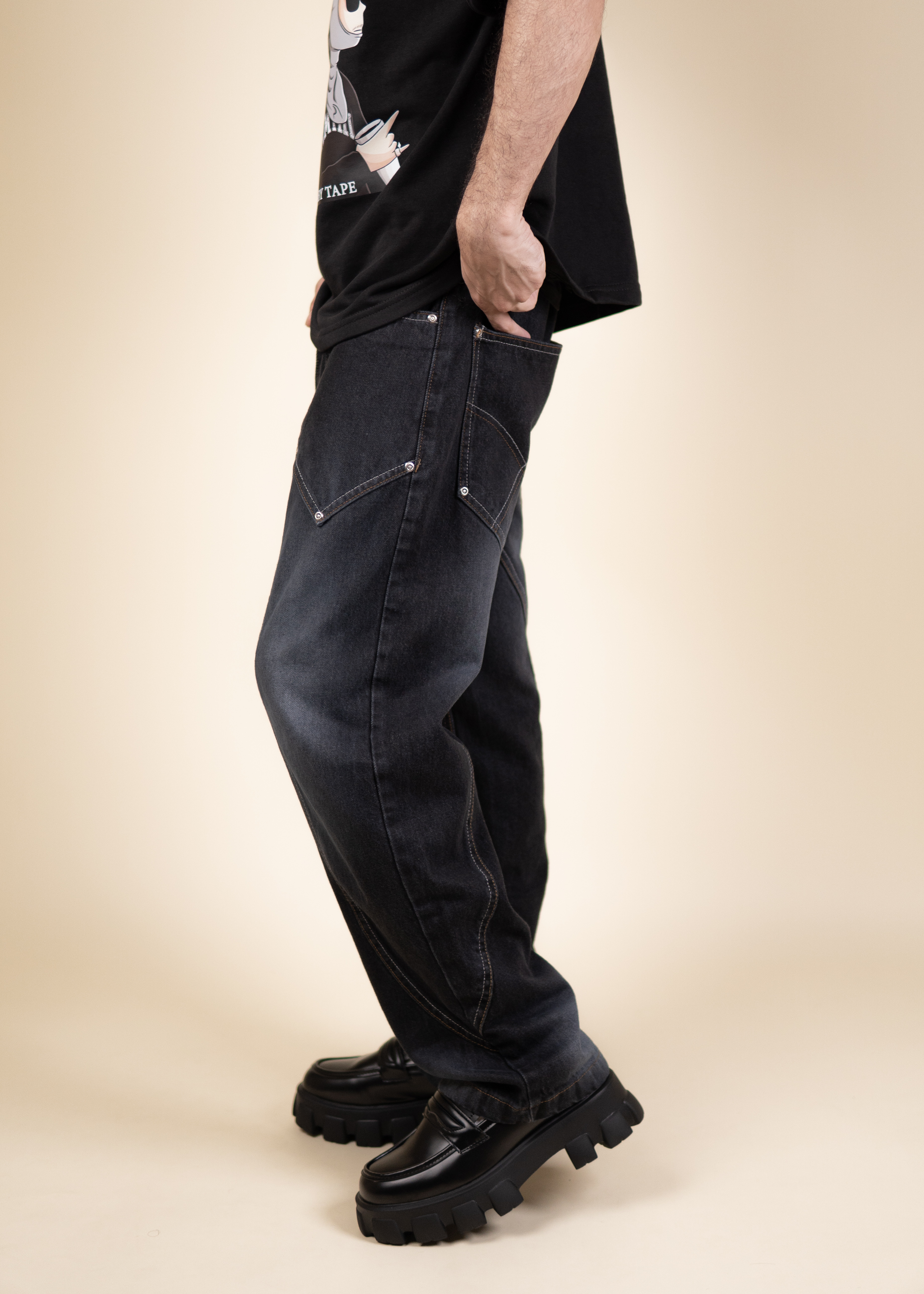 "RETRO FADE JEANS: Deep Indigo Geometric Baggy Denim"_img_1