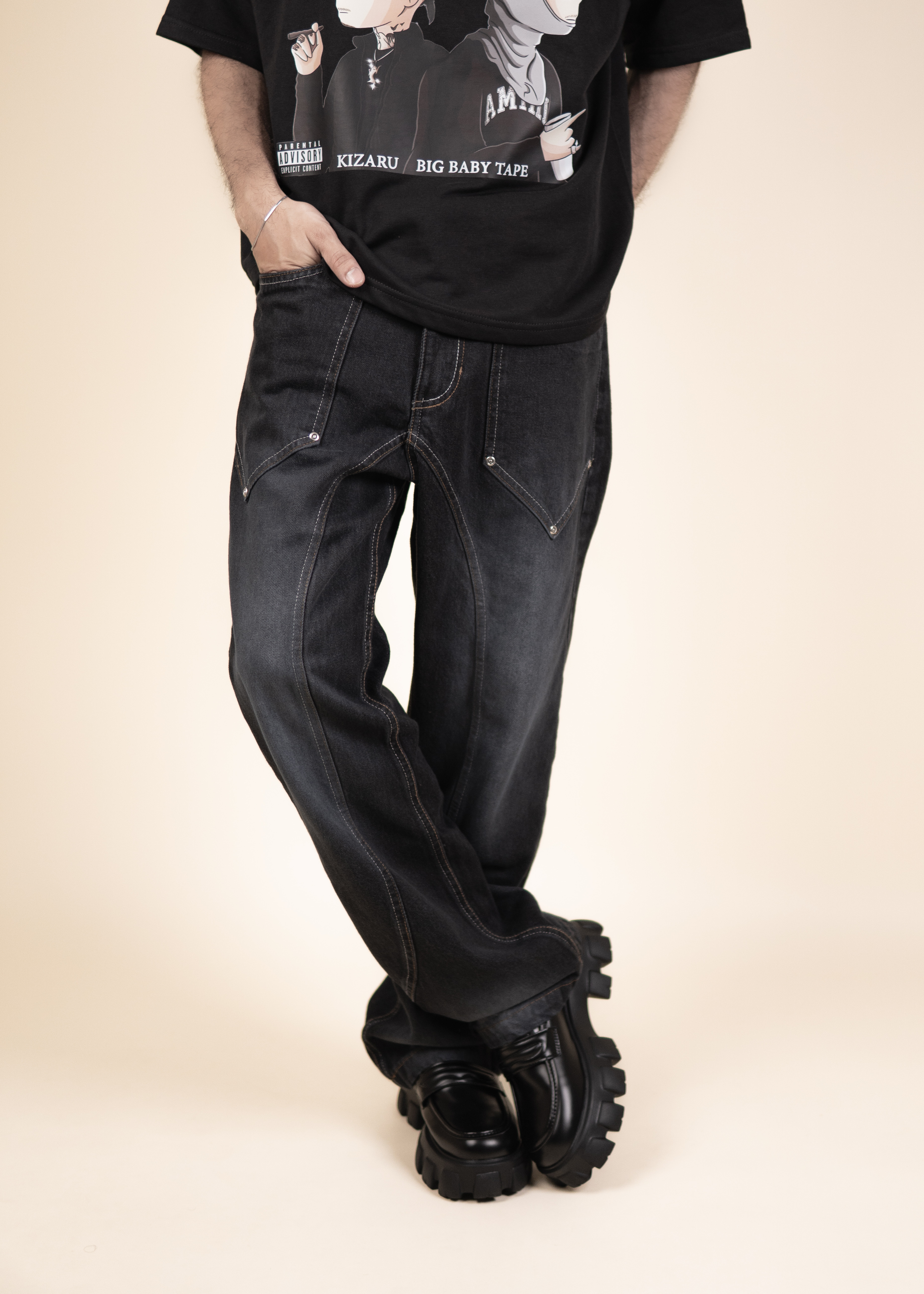 "RETRO FADE JEANS: Deep Indigo Geometric Baggy Denim"_img_0