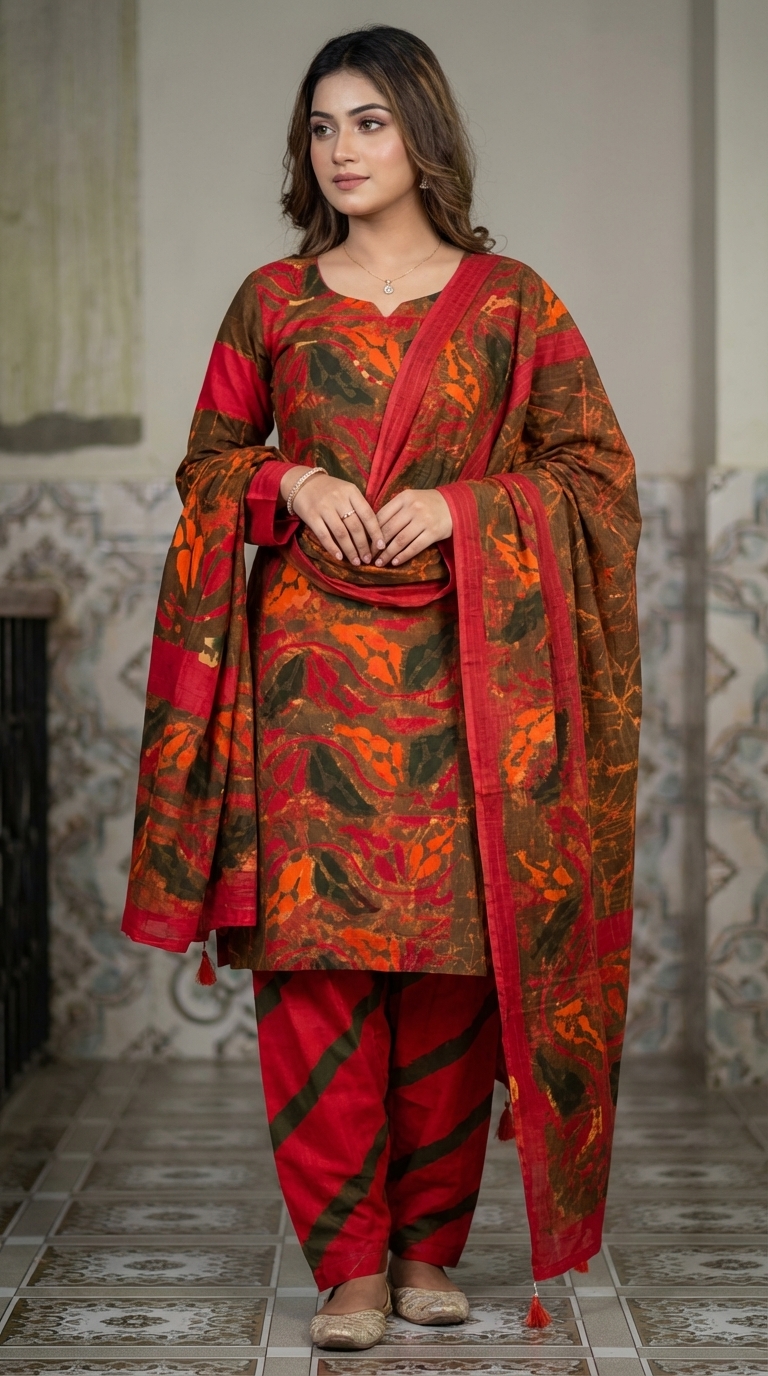 🌸 উচ্চমানের বেক্সসি বয়েল বাটিক থ্রি-পিস (সেলাই বিহীন )