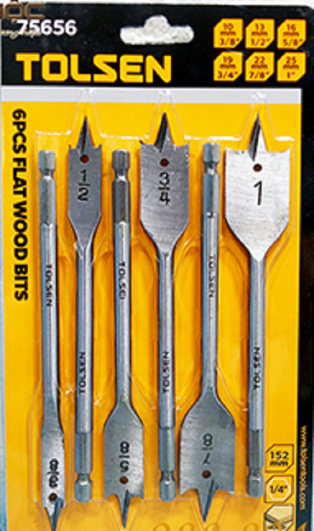 TOLSEN 75656 6Pcs Flat Wood Bit Set, 10mm-25mm (3/8"-1"), Hex Shank, Precision Polished, Model: 75656_img_1