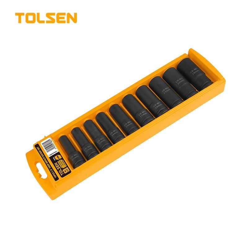 TOLSEN 18296 10Pcs 1/2" Drive Deep Impact Socket Set, CrMo Steel, Heat Treated, Impact Rated, Model: 18296