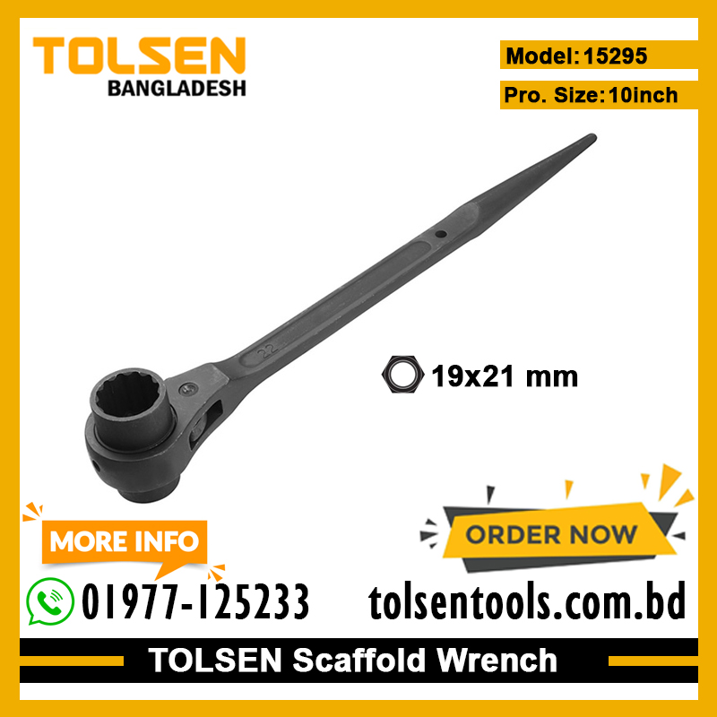 TOLSEN 15295 Scaffold Wrench, 19x21mm, Special Tool Steel, CrV 12-Point Socket, Black Finish | Model: 15295
