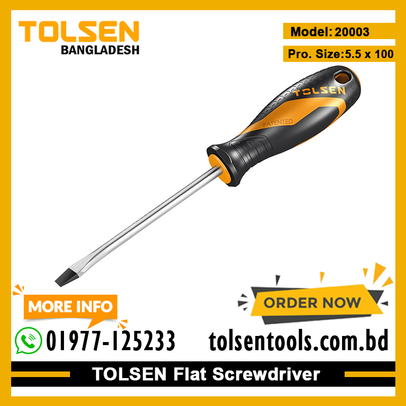 TOLSEN 20003 Flat Screwdriver, 5.5x100mm, CrV Steel, Two-Component Grip, Magnetic Tip, Black Finish | Model: 20003