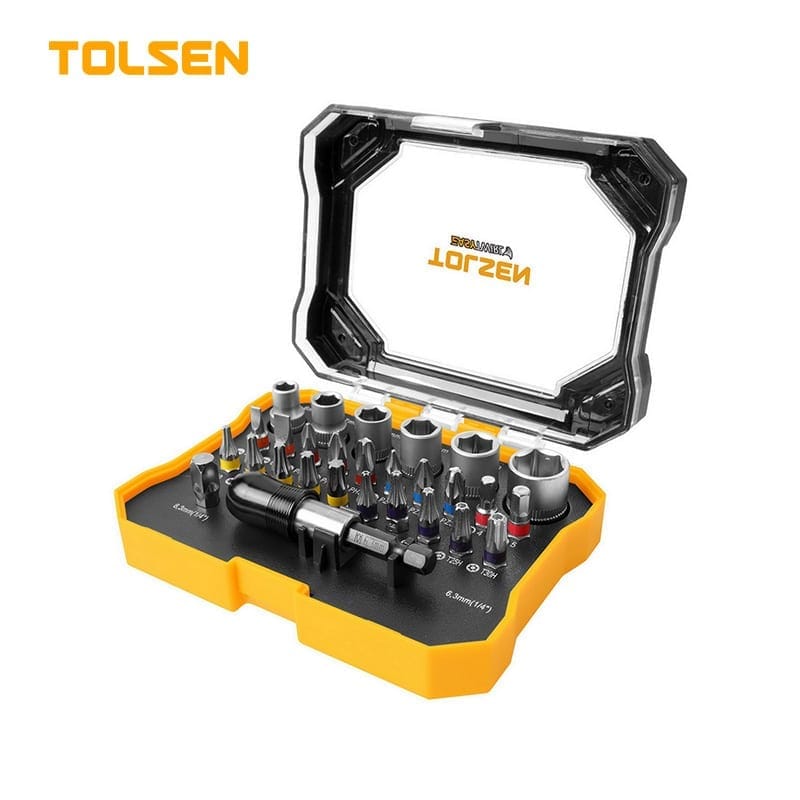 TOLSEN 20376 28Pcs Bit and Socket Set, 1/4" Drive, Cr-V Steel, Color-Coded Bits, Quick-Release Holder | Model: 20376_img_0